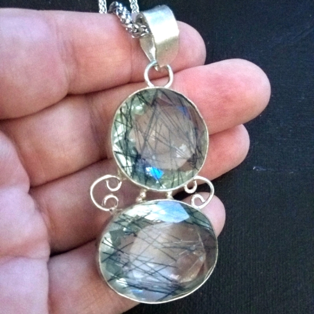 Huge Rare Facetted Rutile Quartz Pendant with Chain